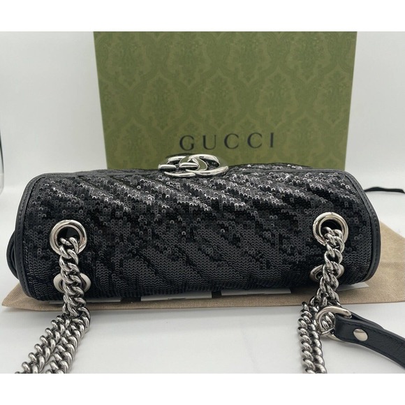 NEW GUCCI MARMONT SEQUIN LEATHER BLACK CROSSBODY SHOULDER BAG PURSE AUTH BOX! - Picture 11 of 16